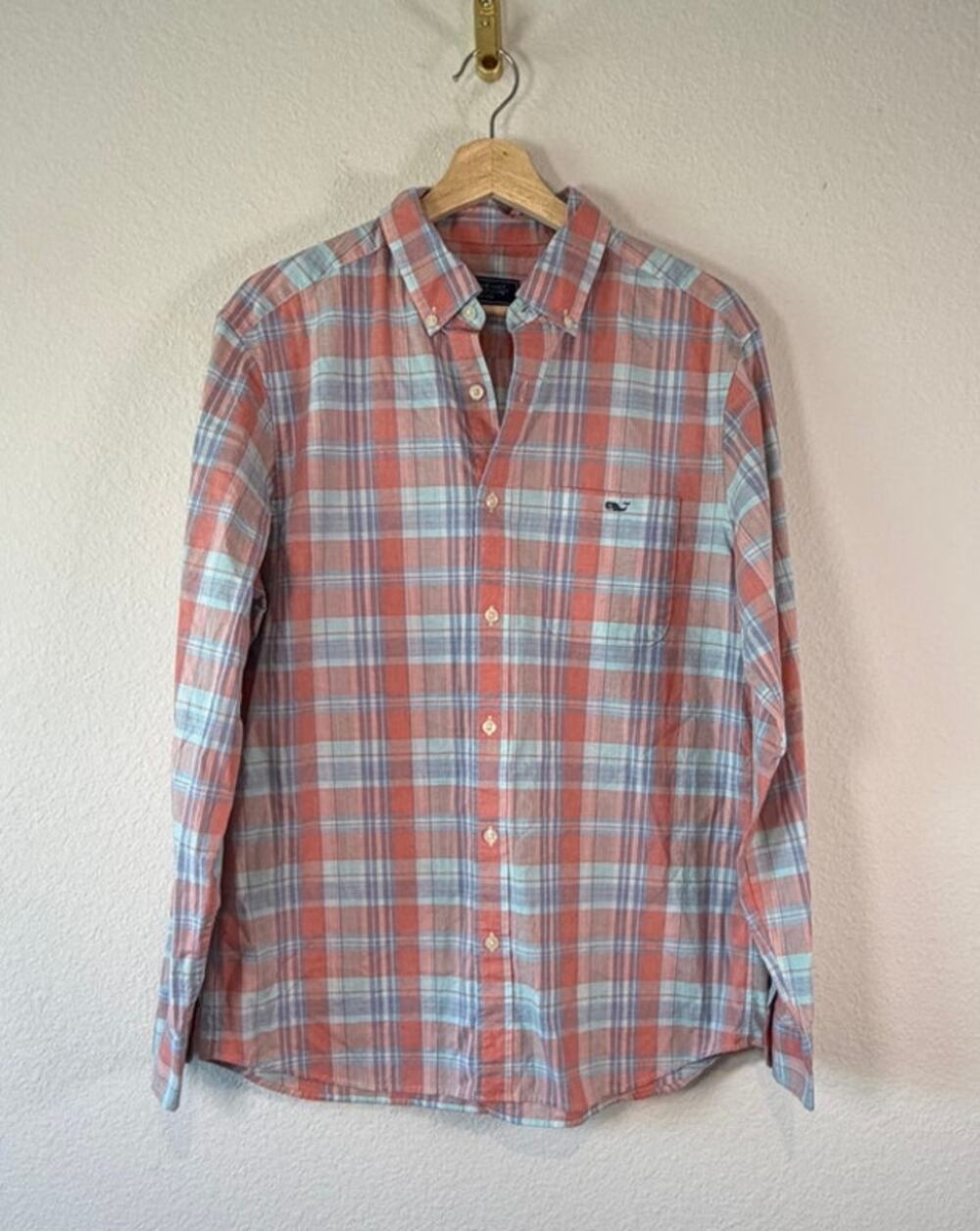 Vineyard Vines On The Go Plaid Button Down Shirt Coral Blue Mens Medium M
